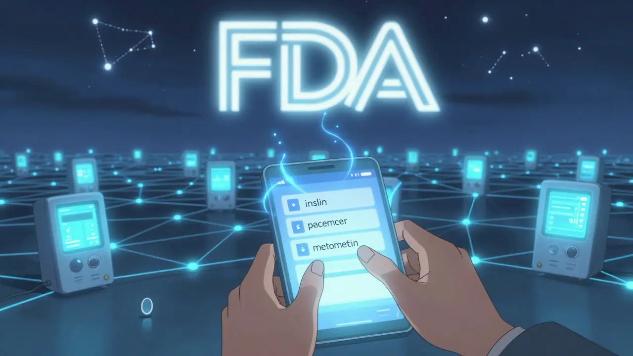 Hand entering keywords into FDA subscription system as medical devices glow with connected data.
