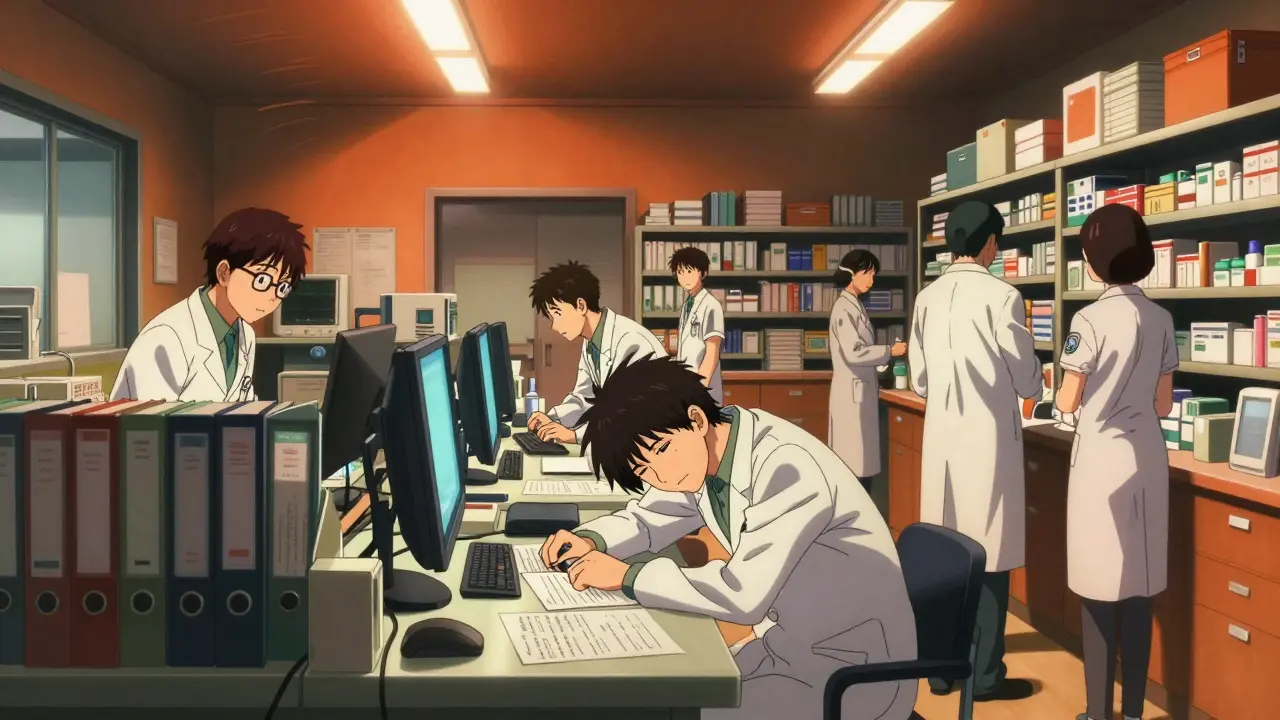 Hospital pharmacy staff working late under bright fluorescent lights.