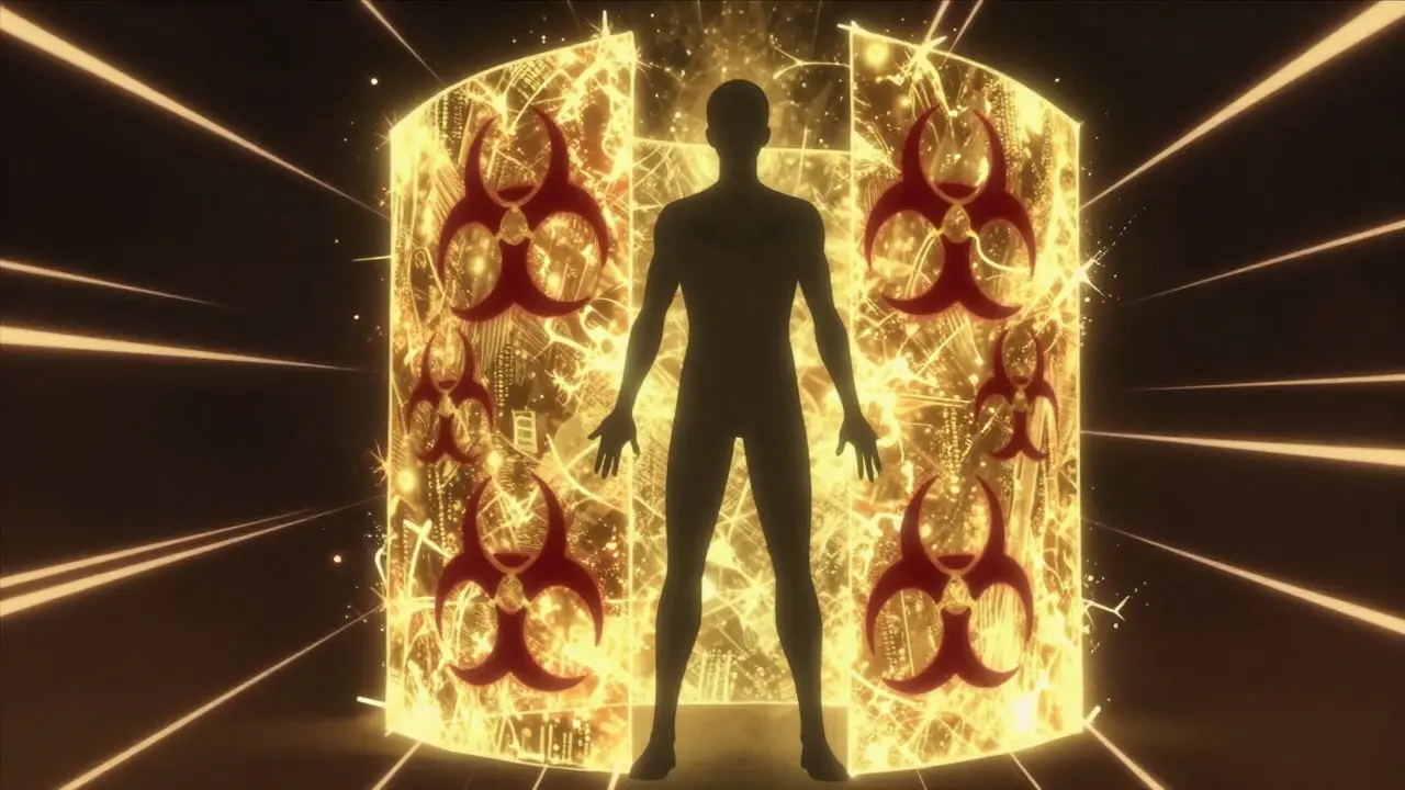 Human silhouette protected by golden energy barrier against risks.