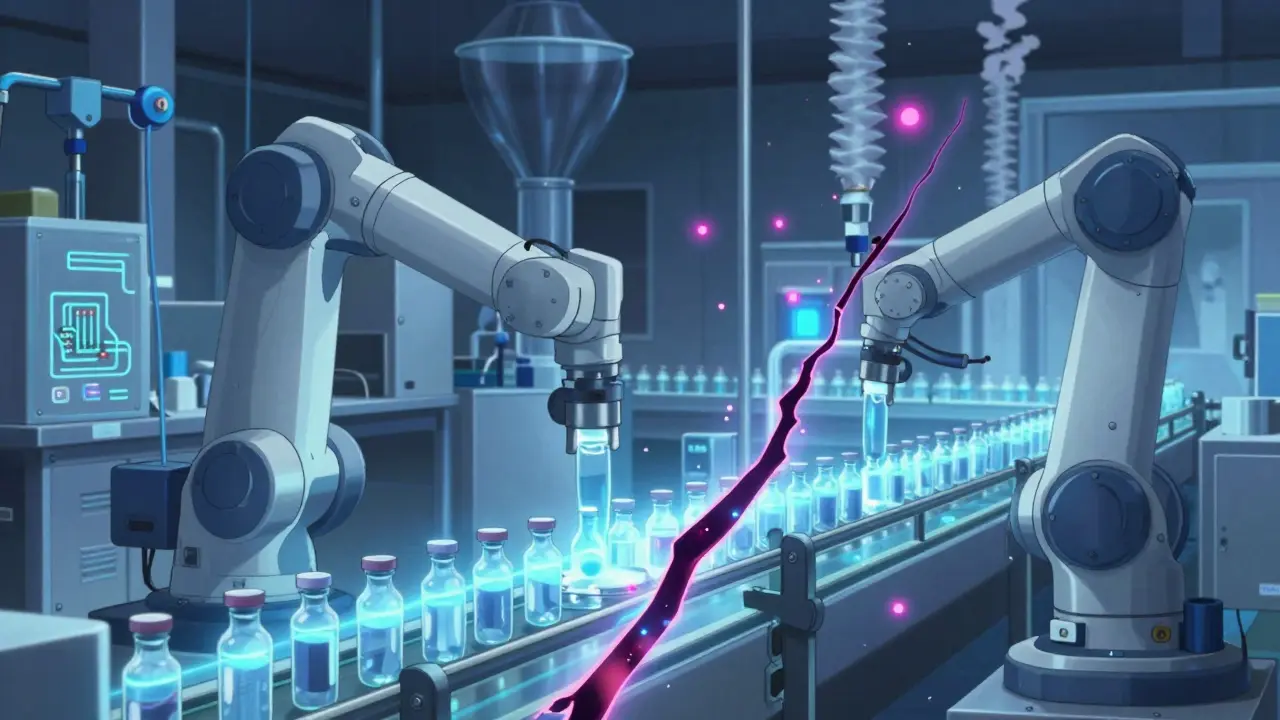 Industrial pharmaceutical production line with robotic arms and vials.