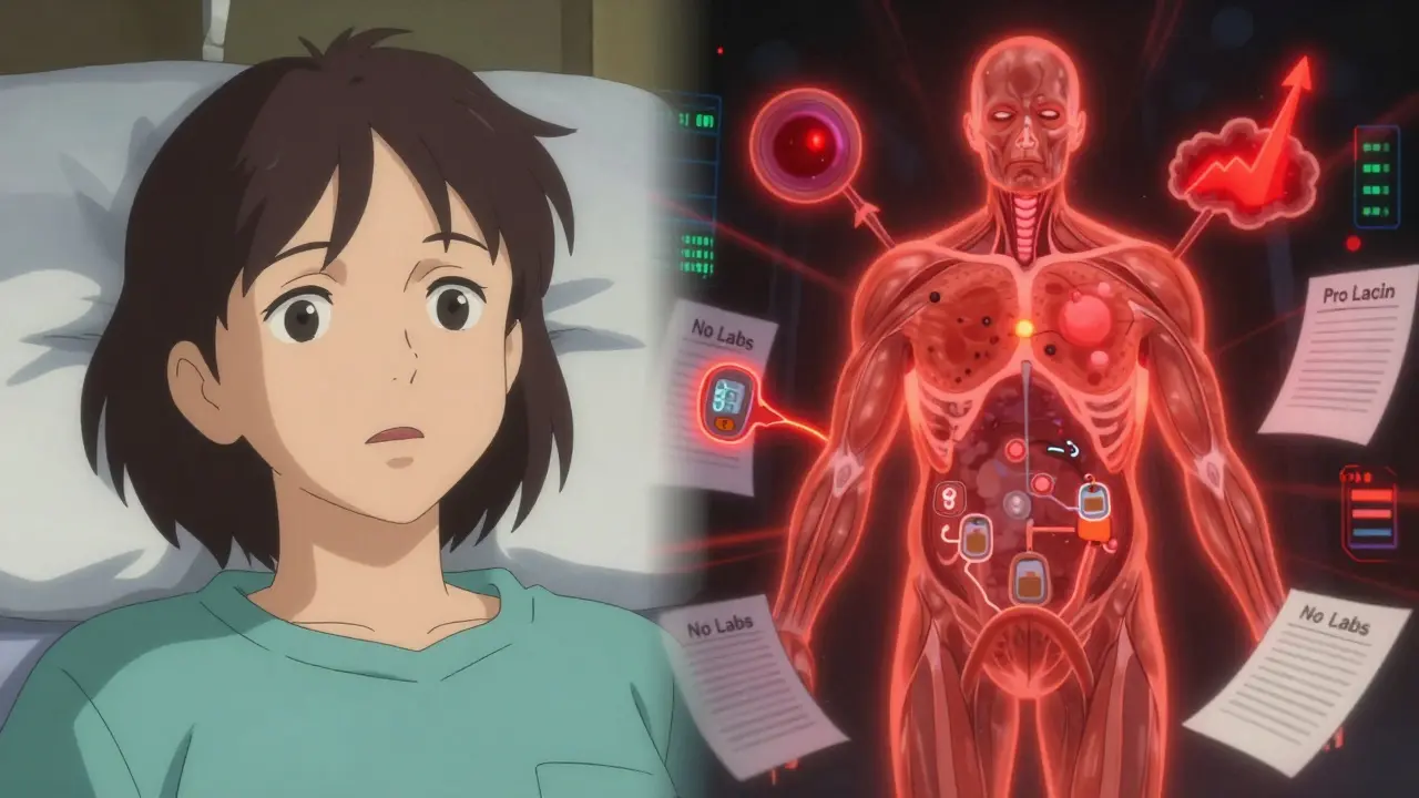 Internal body visuals revealing dangerous side effects of LAIs, including weight gain and metabolic issues.