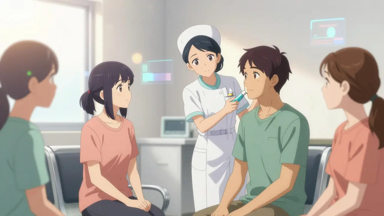 Nurse collects sample from patient in bright modern clinic.