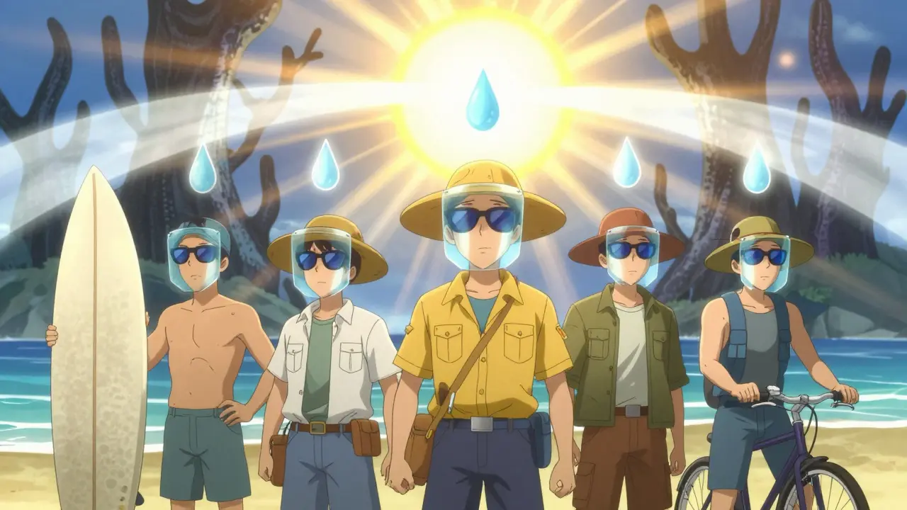 Outdoor workers protected by UV-blocking sunglasses and hats, with halted pterygium growths frozen in shadow.