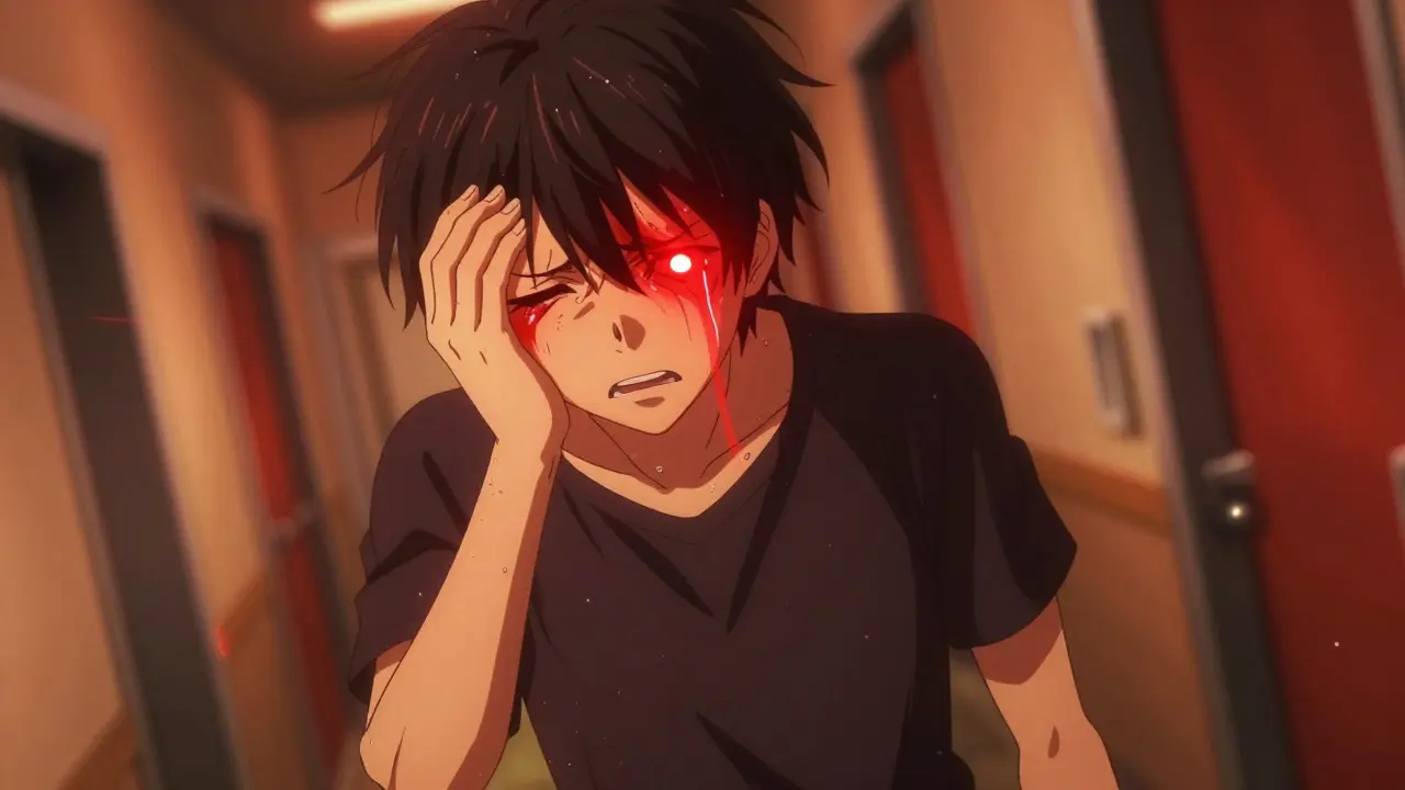 Pacing character clutching eye with red glowing pain effect in anime.