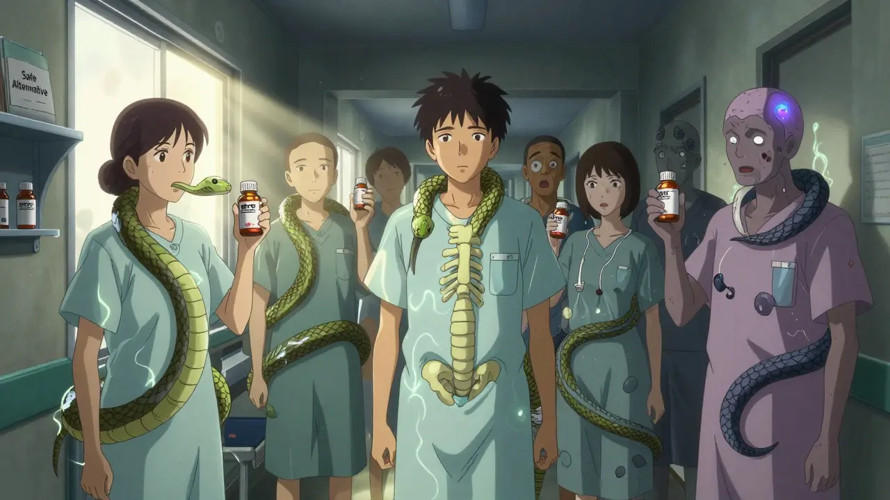 Patients in hospital gowns with antacid bottles turning into serpents coiling around them, while a safe prescription binder glows in the background.