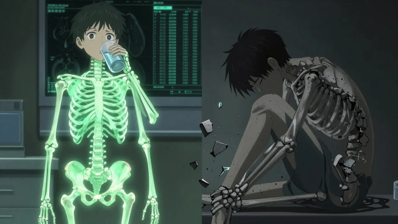 Split scene: one side shows healthy glowing bones while the other shows brittle, crumbling bones during steroid therapy.