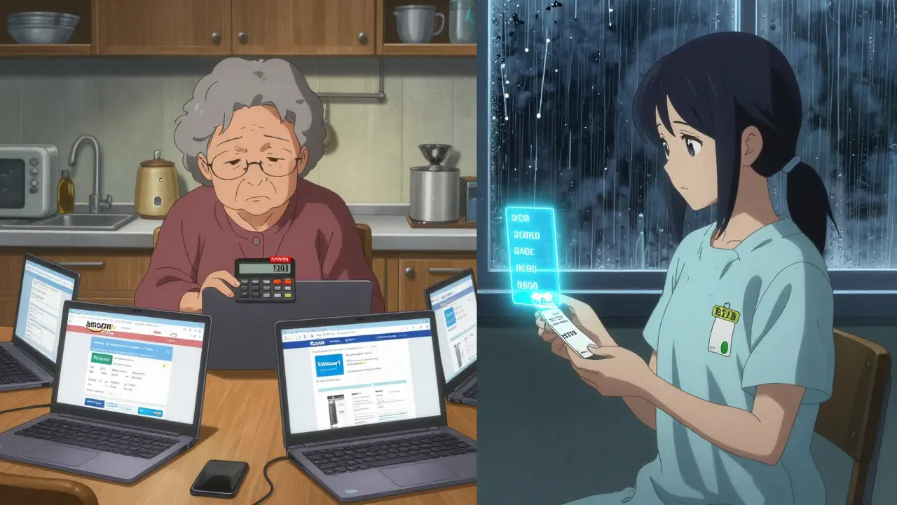 Woman comparing pharmacy prices on multiple laptops at a kitchen table with a calculator showing savings.