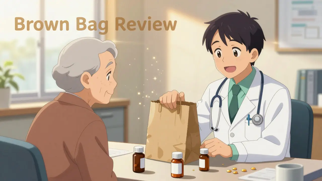 A doctor and a senior patient reviewing medications spread from a brown paper bag.