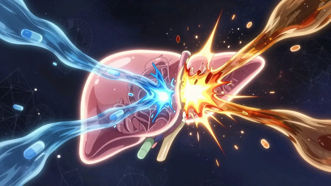 A glowing stylized liver where blue medication streams and amber alcohol streams collide.