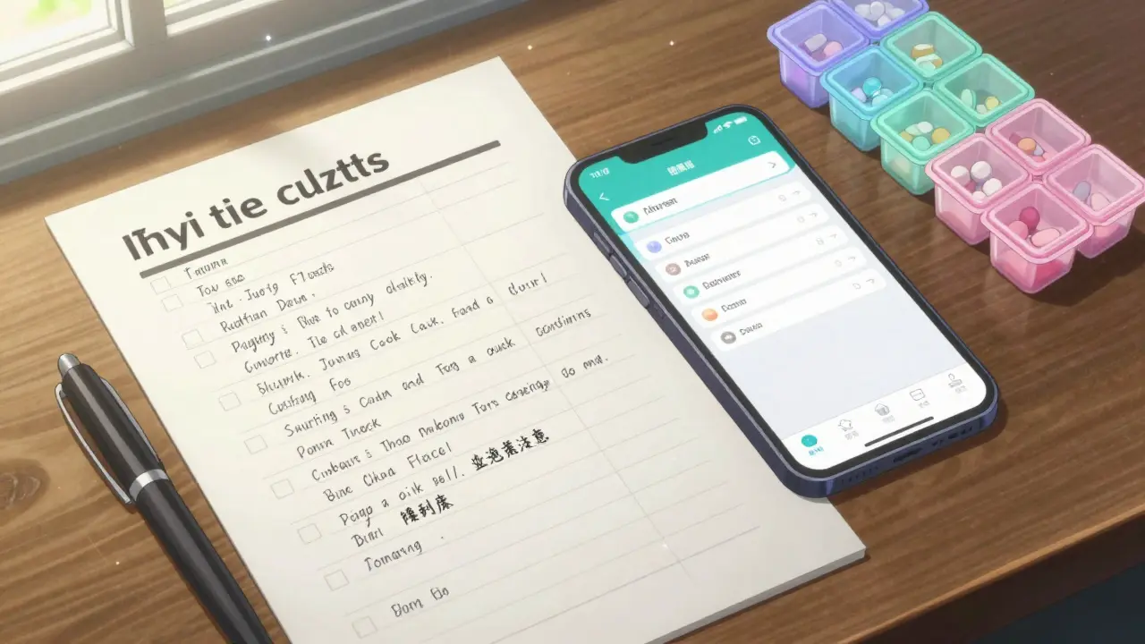 A handwritten medication list and a smartphone app on a table