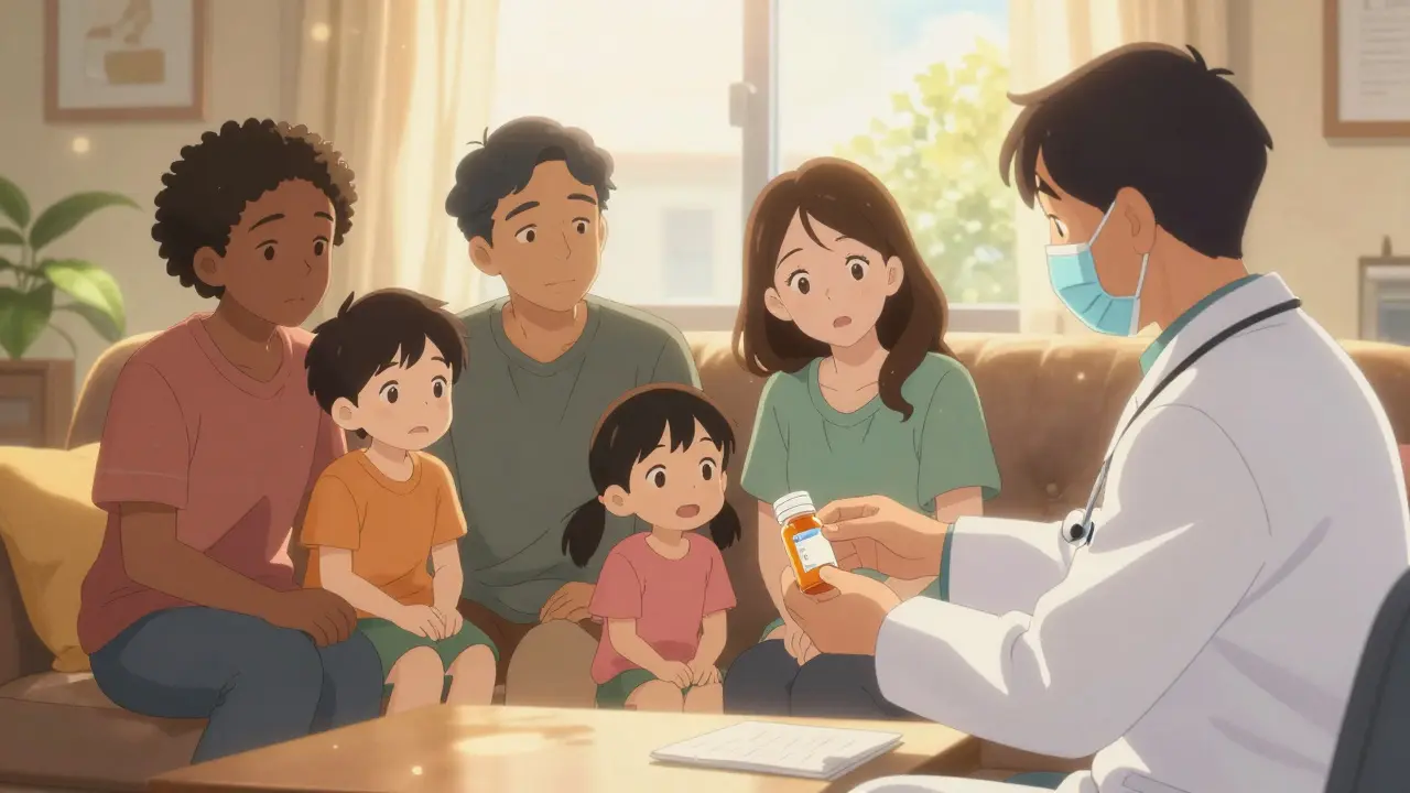 A happy family receiving affordable generic medication in a sunlit room in anime style.