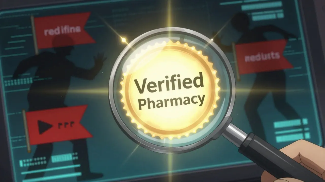 A magnifying glass highlighting a verified pharmacy seal over a glowing digital screen