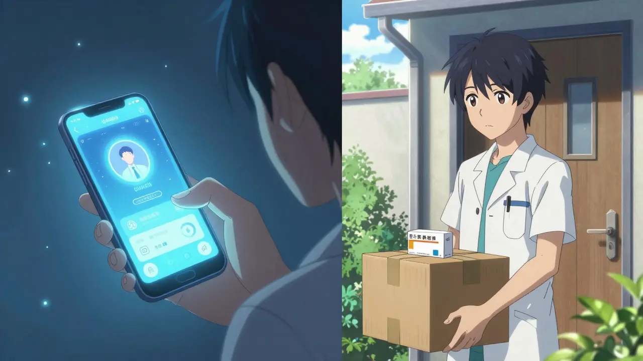 A split screen showing a telehealth consultation and a home medicine delivery