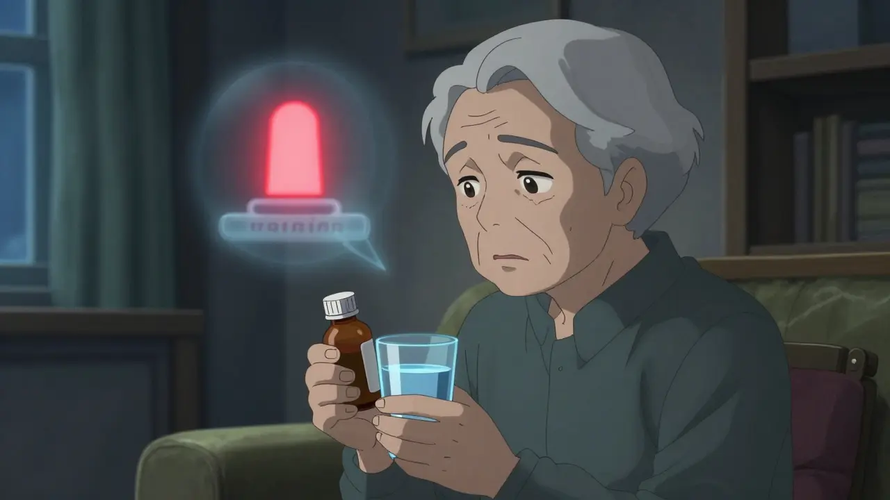 An elderly person looking concerned while holding a medicine bottle in a dimly lit room.