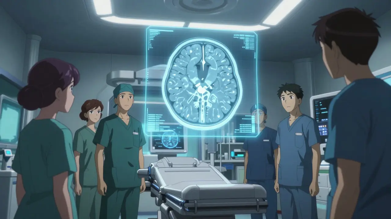 Anime doctors examining a glowing holographic brain CT scan in a futuristic emergency room.
