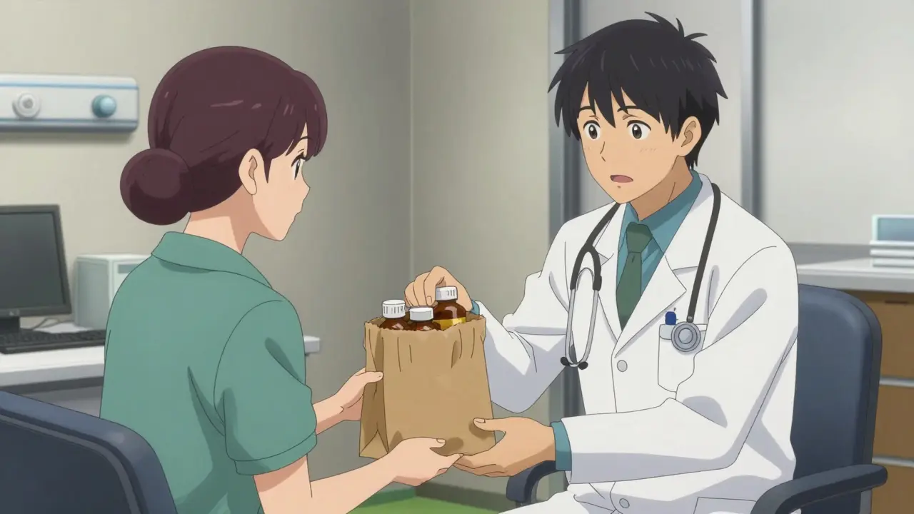 Caregiver handing a brown bag of medications to a doctor in a clinic