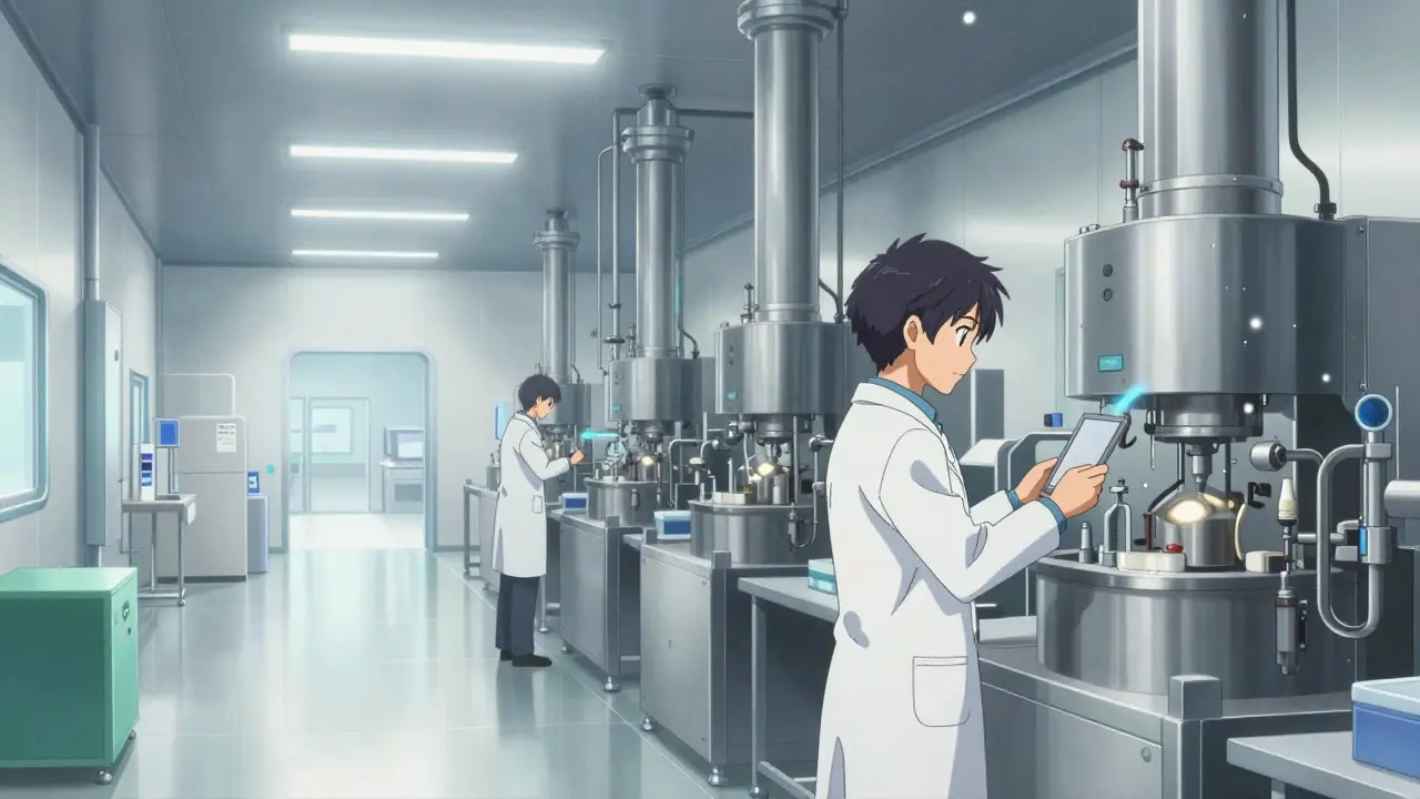Modern pharmaceutical manufacturing facility with precise machinery in anime style.