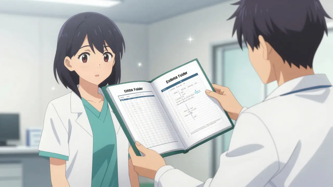 Patient showing a detailed symptom log to a doctor during a consultation.