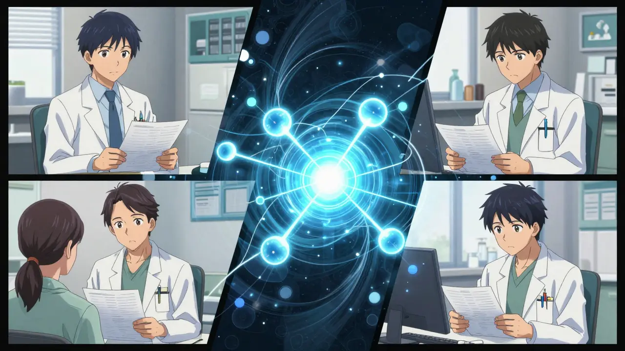 Three doctors in separate frames with abstract chemical symbols connecting them.