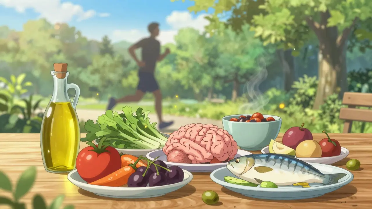 Vibrant anime depiction of Mediterranean food and outdoor exercise for stroke prevention.